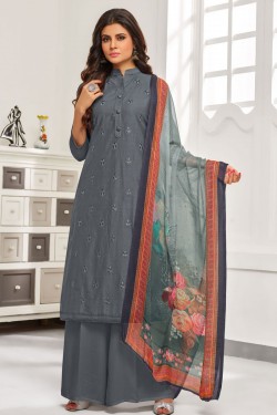 Pretty Grey Cotton Embroidered Work Plazo Printed Salwar Suit