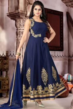 Gorgeous Navy Blue Chanderi Churidar Plus Size Readymade Gown with Chiffon Dupatta