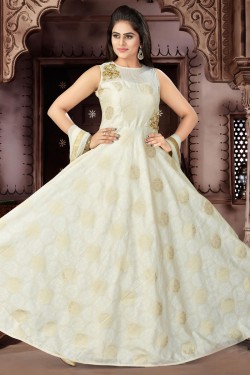 Excellent Cream Chanderi Churidar Plus Size Readymade Gown With Chiffon Dupatta