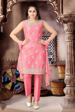 Gorgeous Pink Chanderi Straight Pant Bottom Plus Size Readymade Salwar Suit