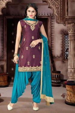 Desirable Maroon Satin and Chanderi Patiyala Plus Size Readymade Patiyala Salwar Suit