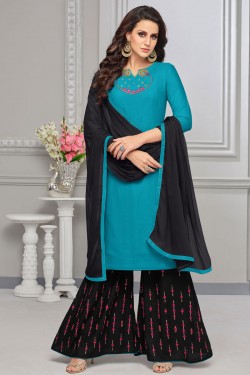 Charming Sky Blue Rayon and Cotton Embroidered Work Plazo Salwar Suit