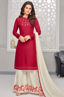 Classic Red Rayon and Cotton Embroidered Work Plazo Salwar Suit