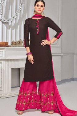 Gorgeous Brown Rayon and Cotton Embroidered Work Designer Plazo Salwar Suit
