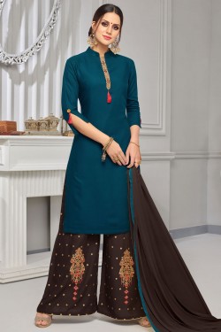 Desirable Blue Rayon and Cotton Embroidered Work Plzao Suit