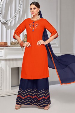 Desirable Orange Rayon and Cotton Embroidered Work Casual Salwar Suits