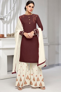 Lovely Coffee Rayon and Cotton Embroidered Work Plazo Designer Salwar Suit