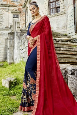 Stylish Red and Navy Blue Brocade Zari Work and Embroidered Work Wedding Saree