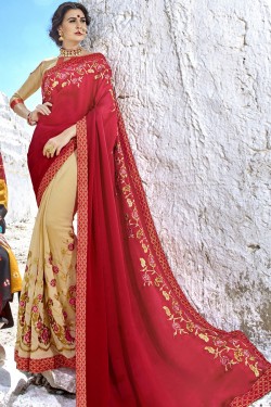 Supreme Cream and Red Banglori Silk Embroidered Work Designer Saree
