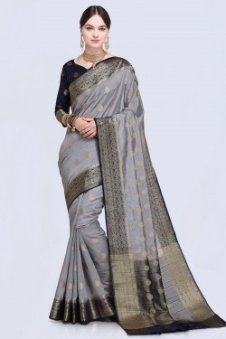 Excellent Grey Silk Printed Designer Saree