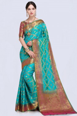 Pretty Turquoise Silk Printed Designer Saree