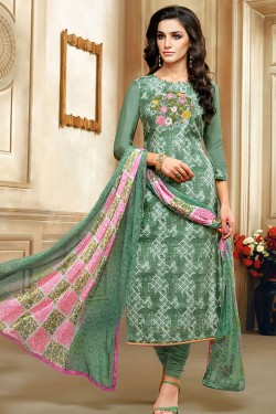 Beautiful Green Cotton Embroidered Work Salwar Suit 