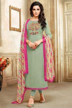 Admriable Green Cotton Embroidered Work Salwar Suit With Chiffon Dupatta