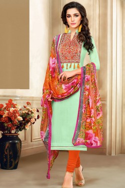 Stylish Green Cotton Embroidered Work Salwar Suit With Chiffon Dupatta