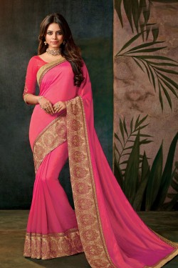 Classic Pink Silk Embroidered Work Designer Saree