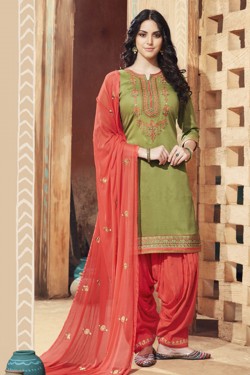 Classic Mehendi Green Cotton Satin Embroidered Work Patiala Salwar Suit