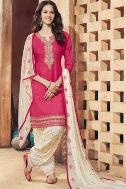 Excellent Pink Cotton Satin Embroidered Work Patiala Designer Salwar Suit