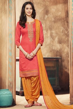 Pretty Pink Cotton Satin Embroidered Work Patiala Salwar Suit