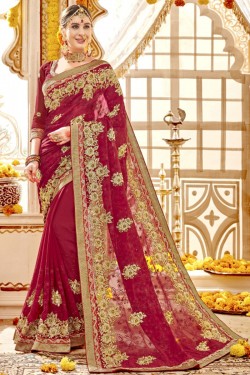 Charming Red Georgette Embroidered Work Wedding Saree