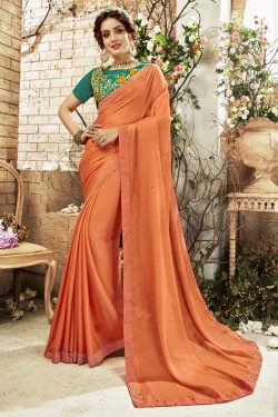 Excellent Orange Chiffon Embroidered Designer Saree