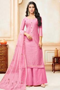 Desirable Pink Silk Embroidered Designer Plazo Salwar Suit