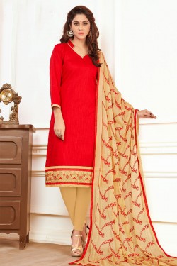 Pretty Red Cotton Salwar Suit with Nazmin Dupatta 