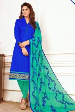 Excellent Blue Cotton Embroidered Work Salwar Suit