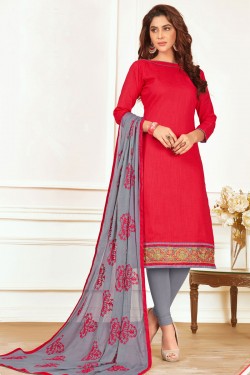 Beautiful Red Cotton Salwar Suit with Nazmin Dupatta 