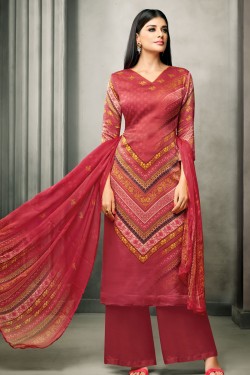 Gorgeous Red Satin Designer Embroidered Work Plazo Salwar Suit With Nazmin and Chiffon Dupatta