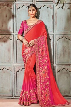 Admirable Orange Silk Embroidered Designer Bridesmaid Saree