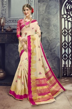 Gorgeous Cream Cotton and Silk Embroidered Saree With Cotton and Silk Blouse