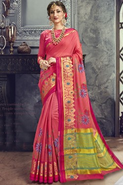 Excellent Pink Cotton and Silk Embroidered Saree With Cotton and Silk Blouse