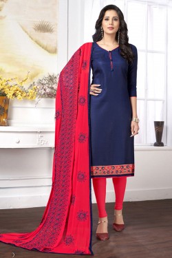 Excellent Navy Blue Cotton Embroidered Work Salwar Suit