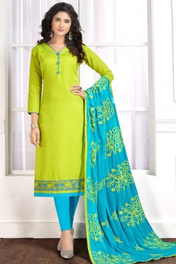 Charming Green Cotton Designer Salwar Suit with Nazmin Dupatta