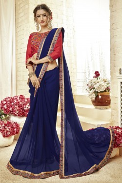 Admirable Navy Blue Fancy Fabric Embroidered Saree With Fancy Fabric Blouse
