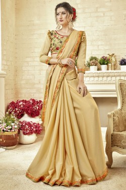 Pretty Cream Fancy Fabric Embroidered Saree With Fancy Fabric Blouse