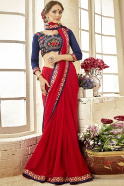 Charming Red Fancy Fabric Embroidered Saree With Fancy Fabric Blouse
