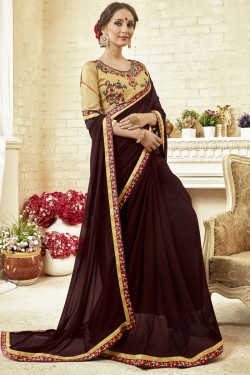 Stylish Maroon Fancy Fabric Embroidered Saree With Fancy Fabric Blouse