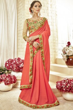 Classic Peach Fancy Fabric Embroidered Saree With Fancy Fabric Blouse