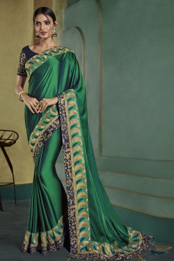 Graceful Green Art Silk Embroidered Designer Saree With Banglori Silk Blouse