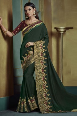 Ultimate Green Art Silk Embroidered Designer Saree With Banglori Silk Blouse