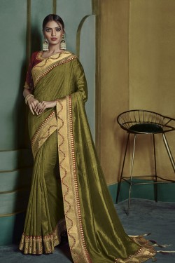 Optimum Mehendi Green Art Silk Embroidered Designer Saree With Banglori Silk Blouse
