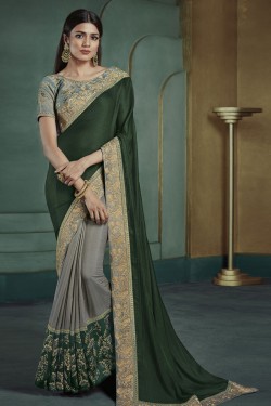 Lovely Green and Grey Art Silk Embroidered Designer Saree With Banglori Silk Blouse