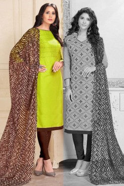 Classic Green Cotton Designer Embroidered Work Salwar Suit with Chiffon Dupatta