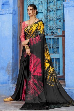 Excellent Black Satin Printed Designer Saree With Brocade Blouse