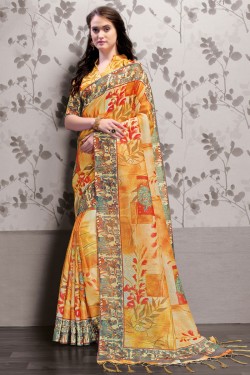Supreme Orange Art Silk Printed Designer Saree With Art Silk Blouse