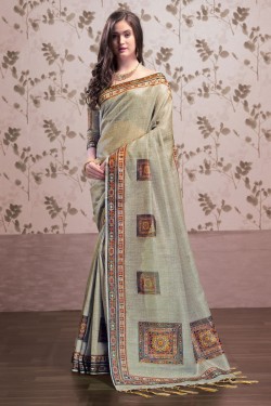 Ultimate Grey Art Silk Printed Designer Saree With Art Silk Blouse