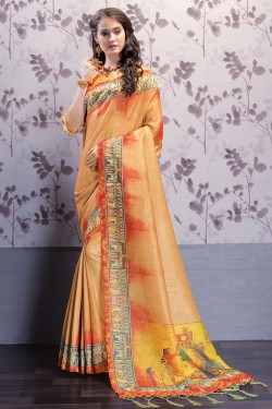 Lovely Orange Art Silk Printed Designer Saree With Art Silk Blouse