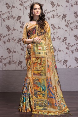 Excellent Golden Art Silk Printed Designer Saree With Art Silk Blouse