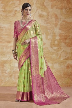 Ultimate Green Silk Jaquard Work Saree With Silk Blouse